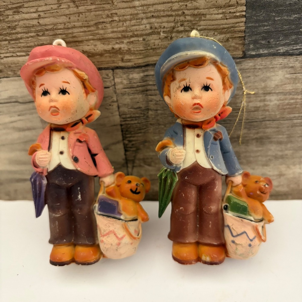 Vintage Boy Ornaments Set of 2 Pink Blue Newsboy Teddy Bear Made in Hong Kong